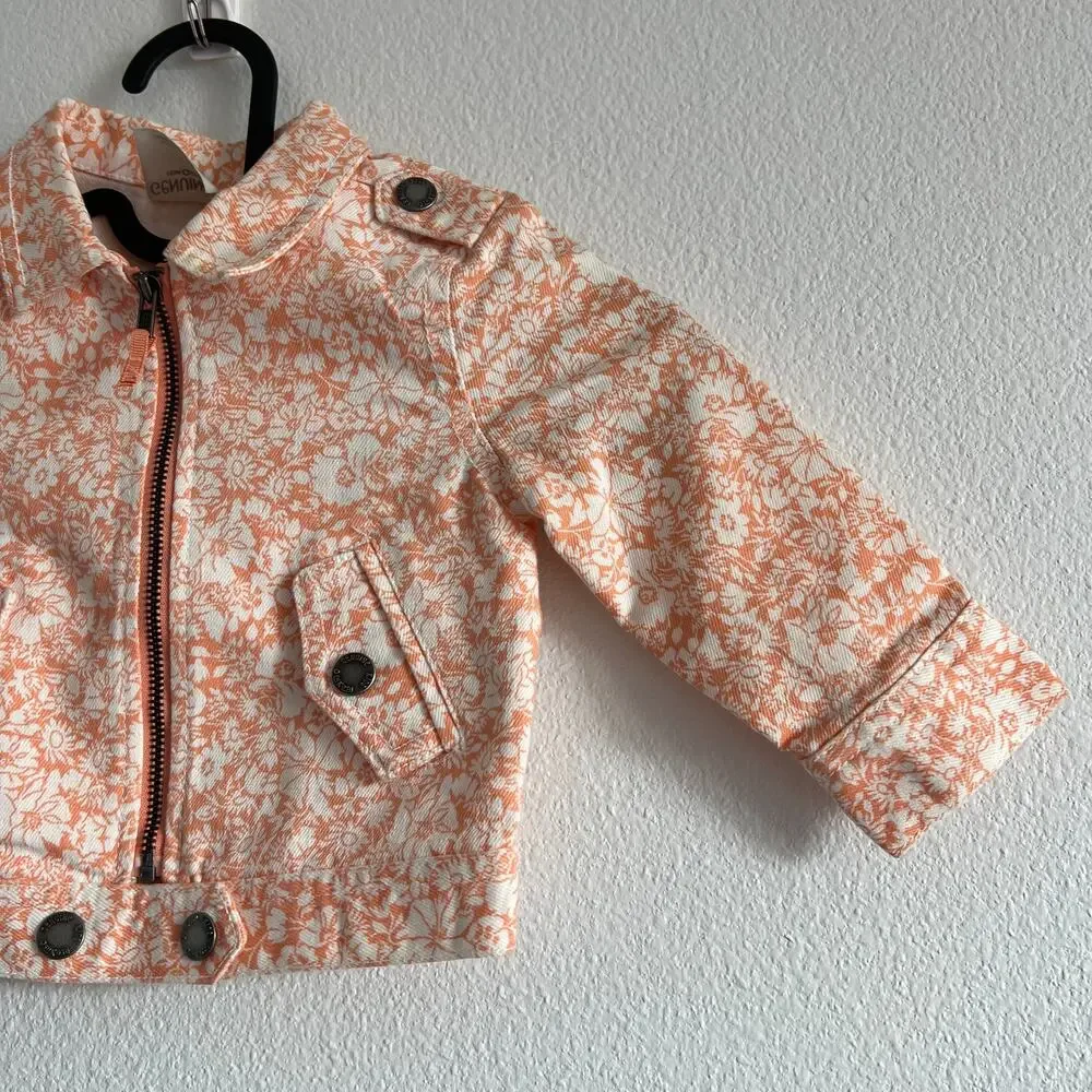 Genuine Kids OshKosh Peach & White Floral Denim Moto Jacket 12M Retro Picnic